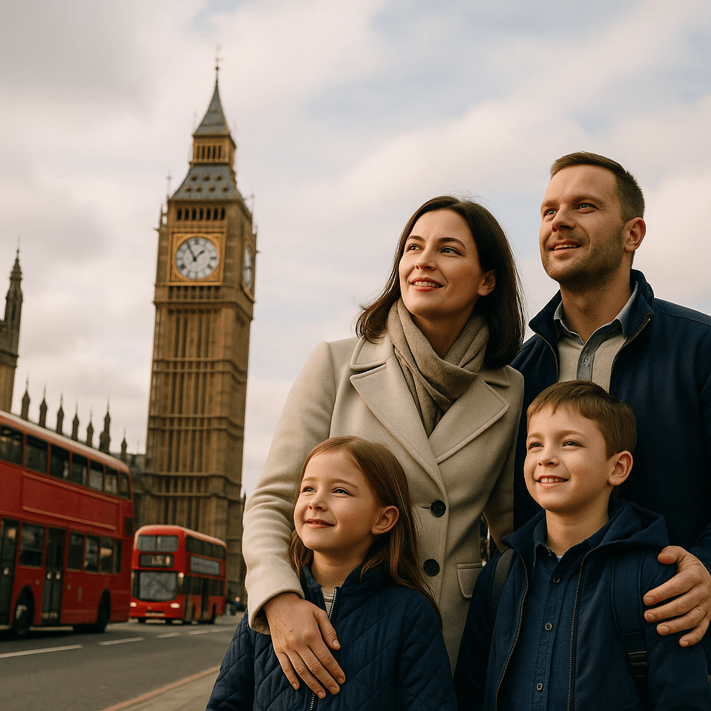 Polska rodzina przed Big Benem w Londynie, klasyczna fotografia editorial