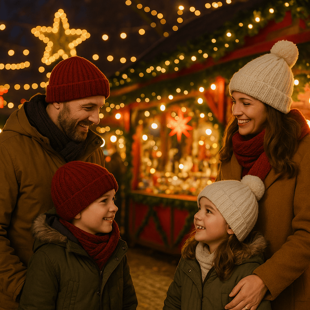Rodzina zwiedza świąteczny jarmark w Wielkiej Brytanii wieczorem wśród kolorowych świateł