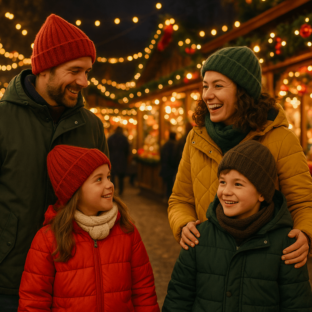Rodzina odwiedzająca jarmark świąteczny w Wielkiej Brytanii o zmroku