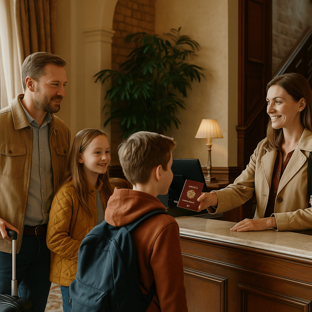 Polska rodzina wchodzi do eleganckiego, wiktoriańskiego lobby