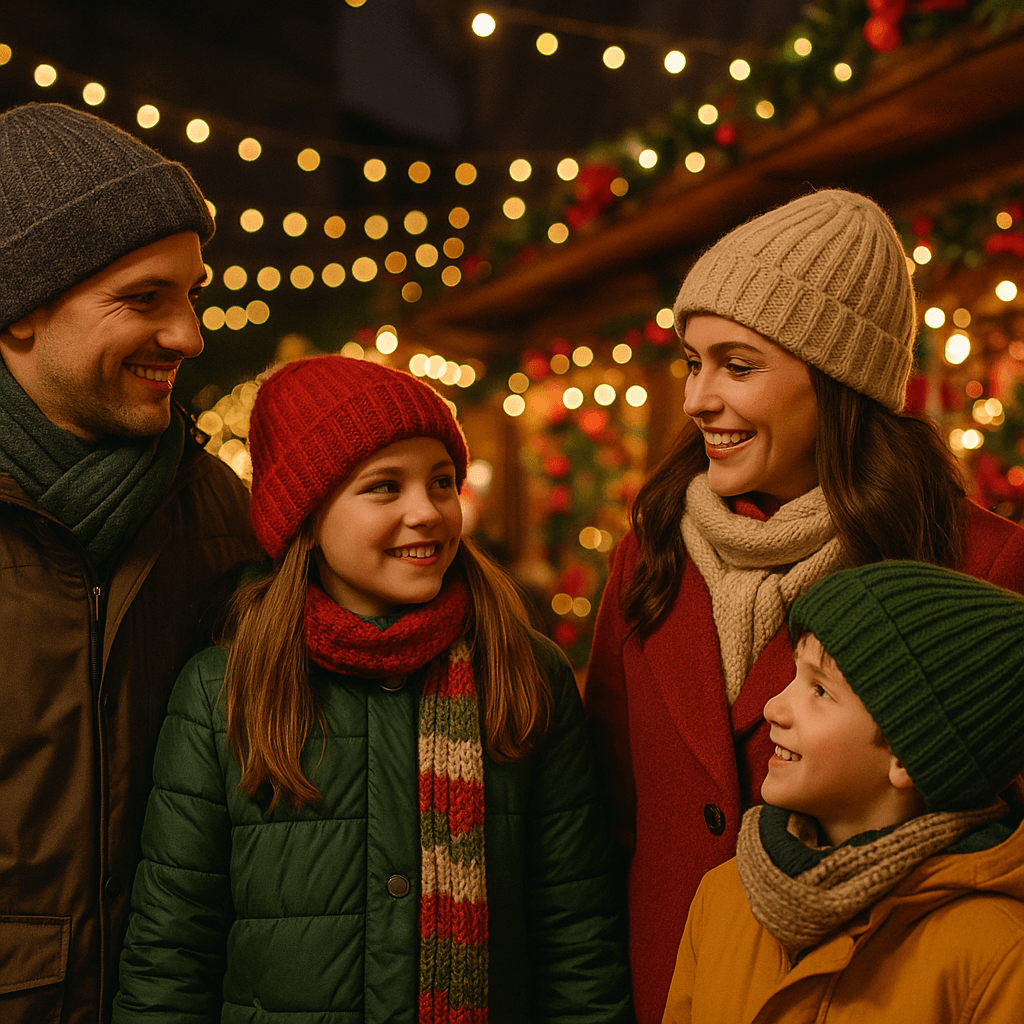 Rodzina odwiedzająca jarmark bożonarodzeniowy w Wielkiej Brytanii wieczorem, wśród świateł i dekoracji
