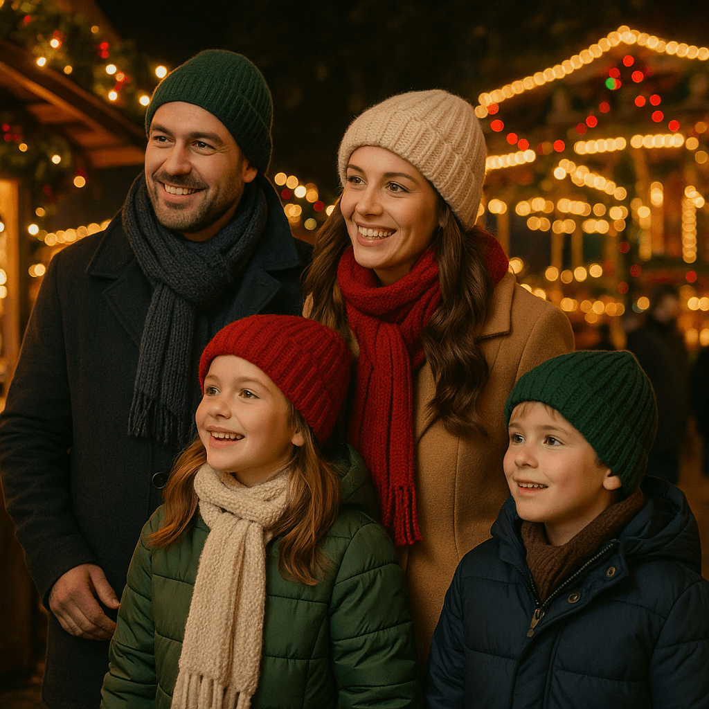 Polska rodzina na jarmarku bożonarodzeniowym w Wielkiej Brytanii, wieczorem wśród świątecznych świateł