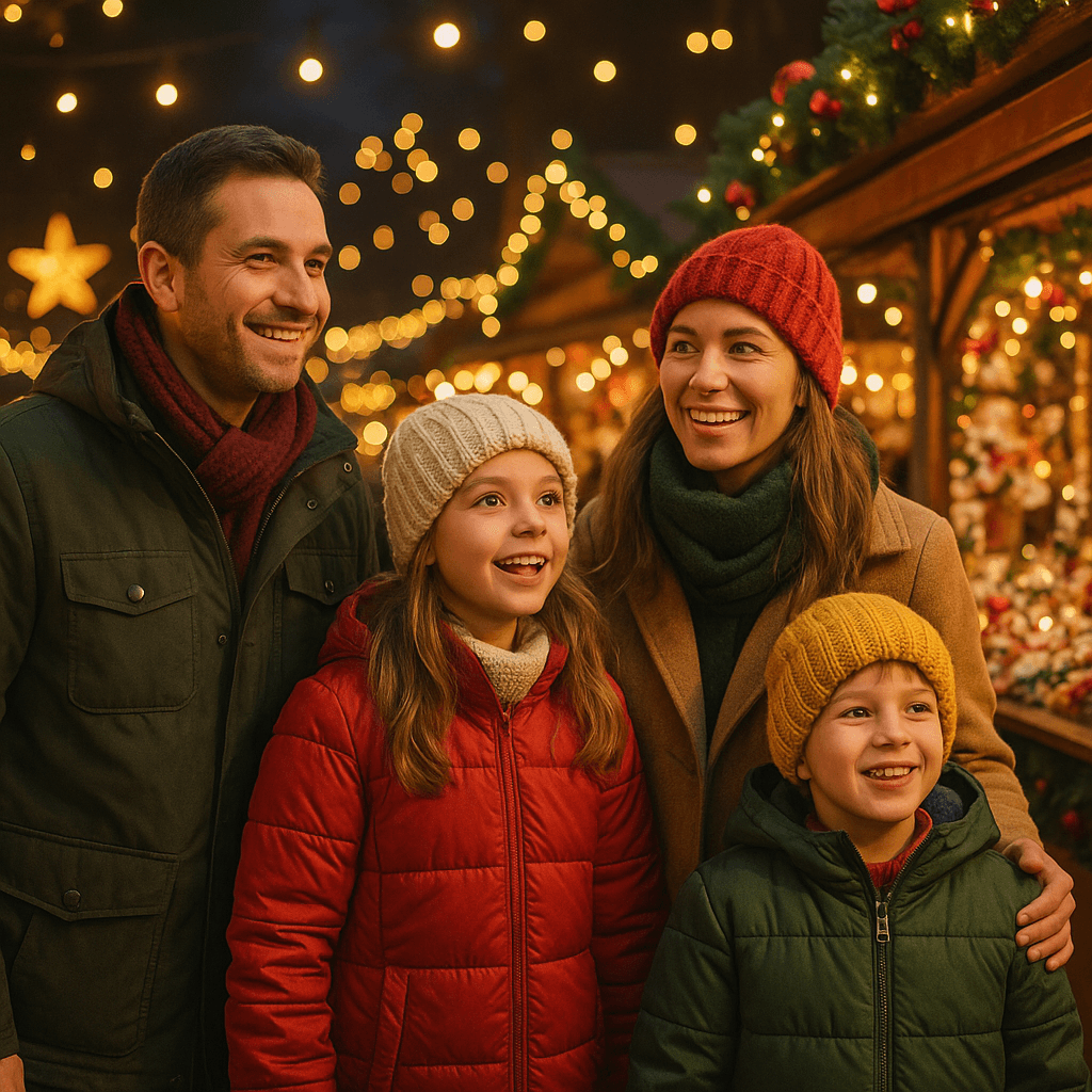 Polska rodzina na jarmarku bożonarodzeniowym w Wielkiej Brytanii, wieczorne światła, świąteczna atmosfera