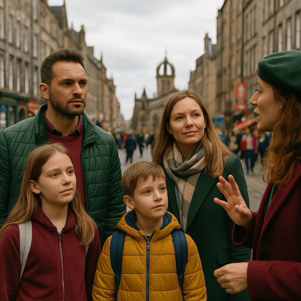 Polska rodzina zwiedzająca Royal Mile w Edynburgu podczas festiwalu, sfotografowana w stylu podróżniczym