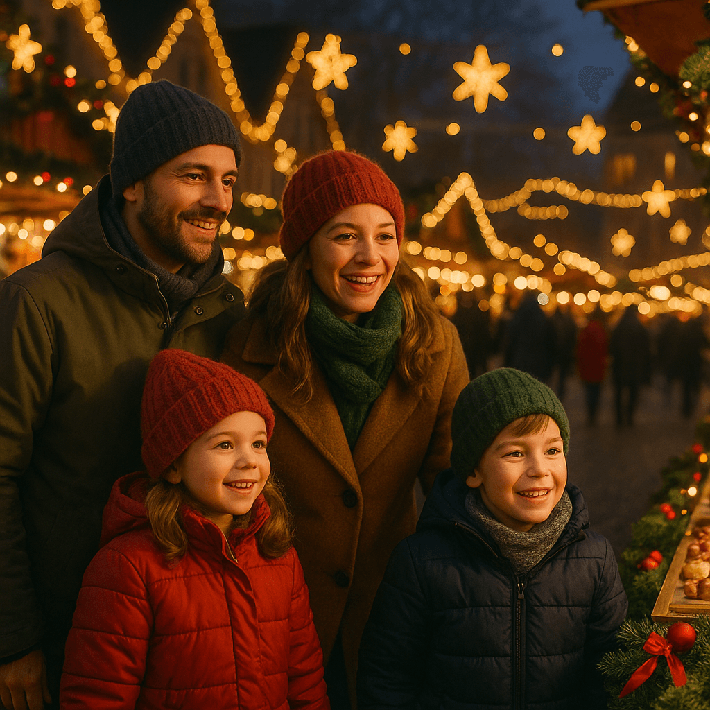 Rodzina odwiedzająca świąteczny jarmark w Wielkiej Brytanii wieczorem