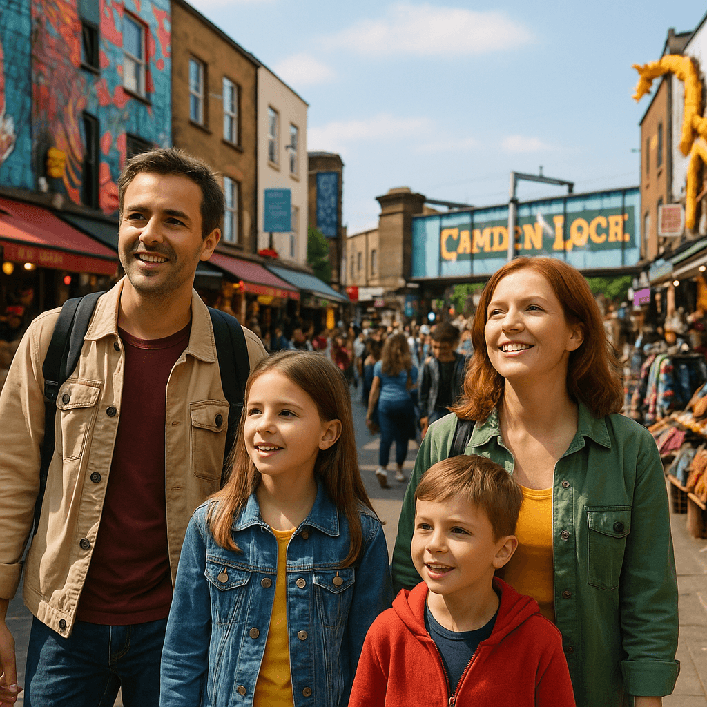 Polska rodzina zwiedza kolorowy targ Camden Market w Londynie