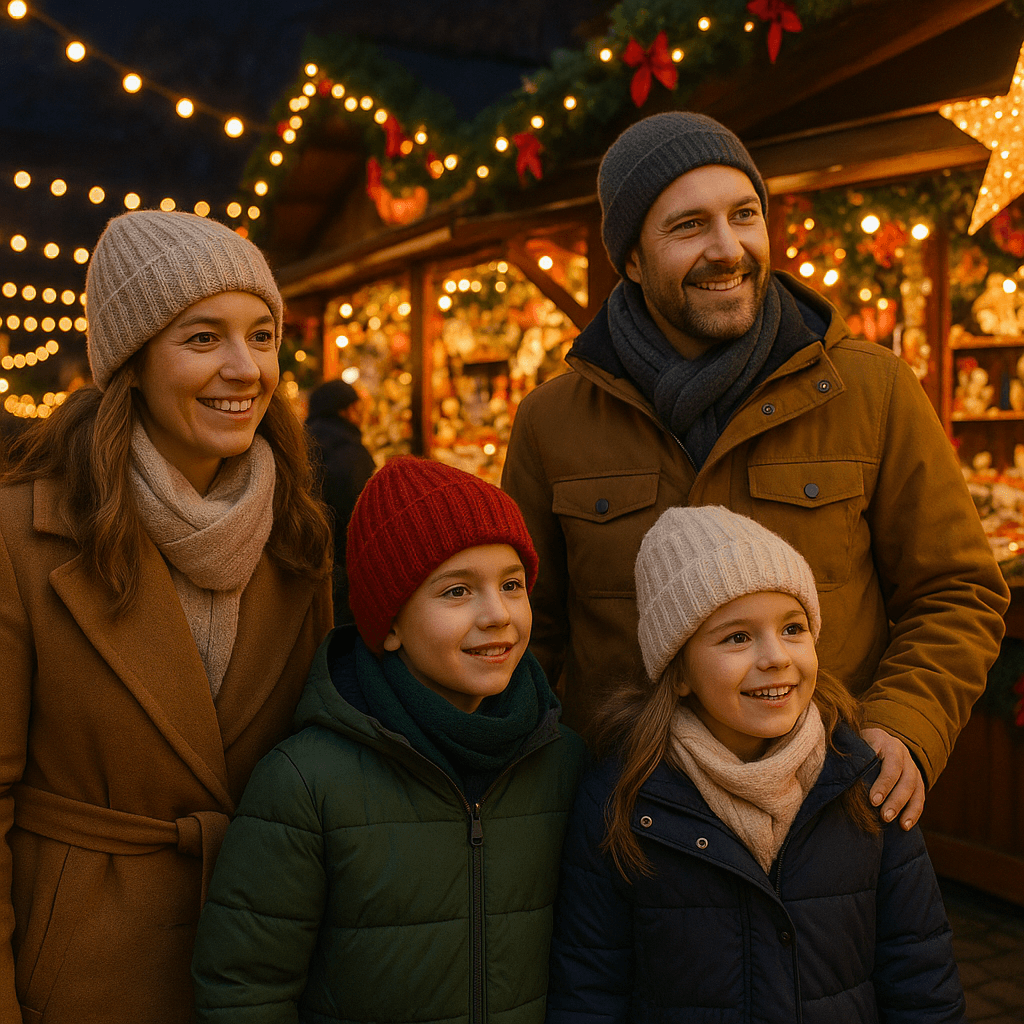 Rodzina odwiedzająca jarmark świąteczny w Wielkiej Brytanii wieczorem