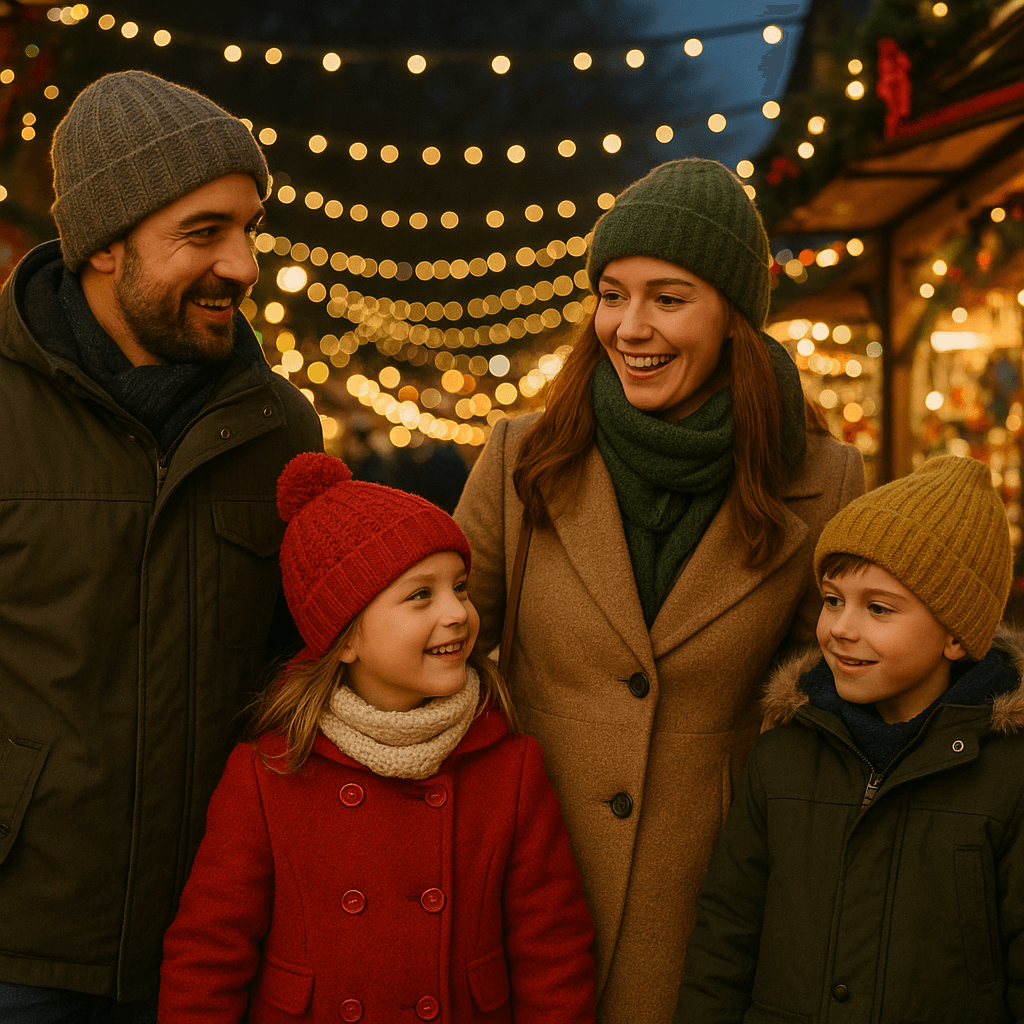 Polska rodzina odwiedzająca jarmark bożonarodzeniowy w Wielkiej Brytanii wieczorem przy świątecznych iluminacjach