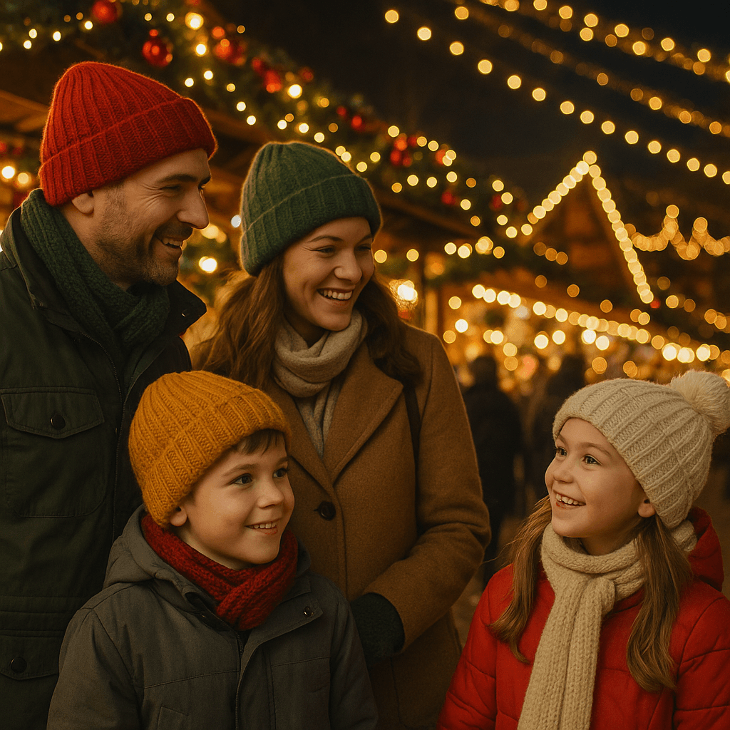 Polska rodzina na jarmarku świątecznym w Wielkiej Brytanii, wieczorne światła, atmosfera świąt