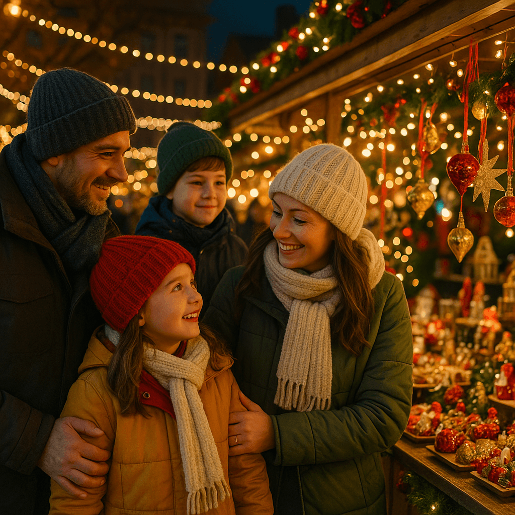 Polska rodzina odwiedzająca świąteczny jarmark w Wielkiej Brytanii wieczorem, w otoczeniu świateł i dekoracji