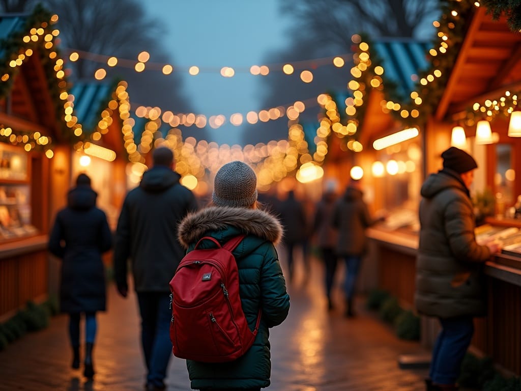 Polska rodzina odwiedza świąteczny jarmark w Londynie wieczorem, otoczona dekoracjami w kolorach czerwonym, zielonym i złotym