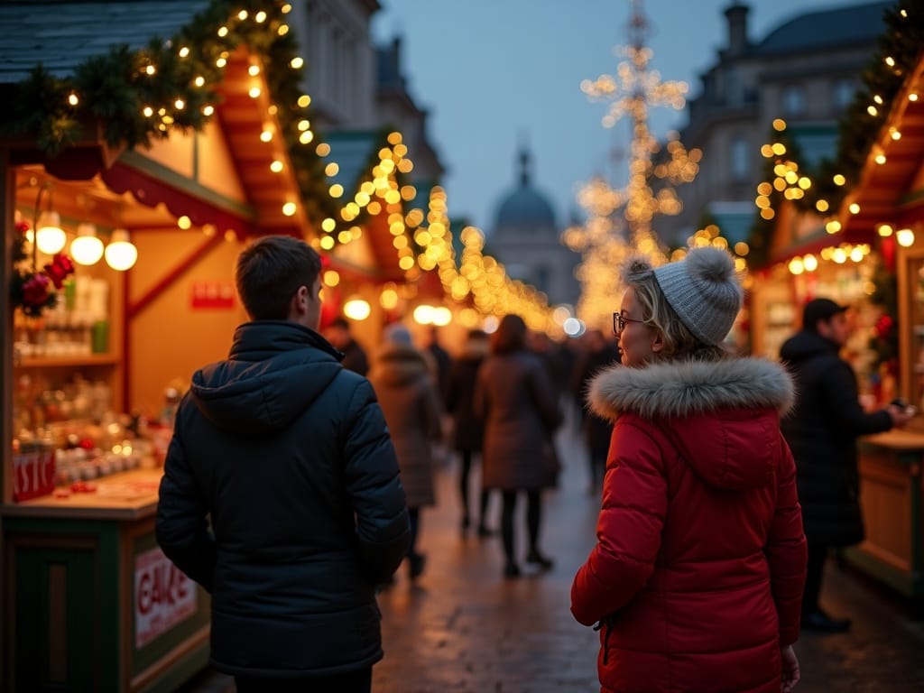 Rodzina odwiedzająca jarmark bożonarodzeniowy w Londynie wieczorem, wśród świateł i dekoracji
