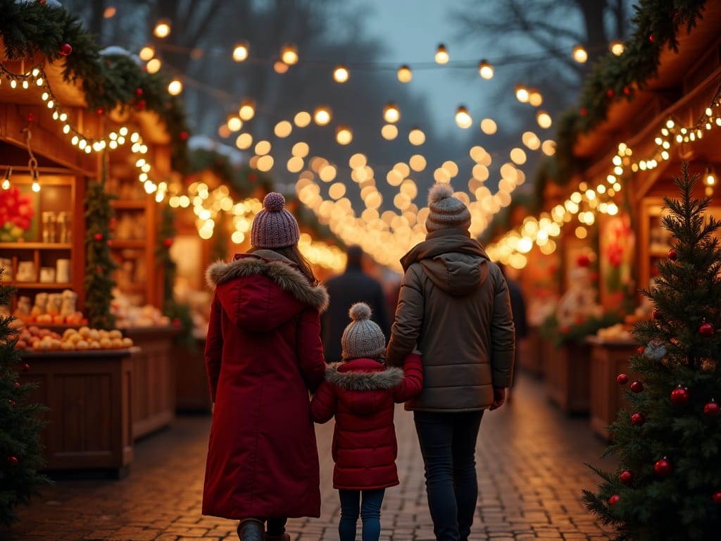 Polska rodzina na jarmarku bożonarodzeniowym w Londynie wieczorem, wśród świateł i świątecznych dekoracji