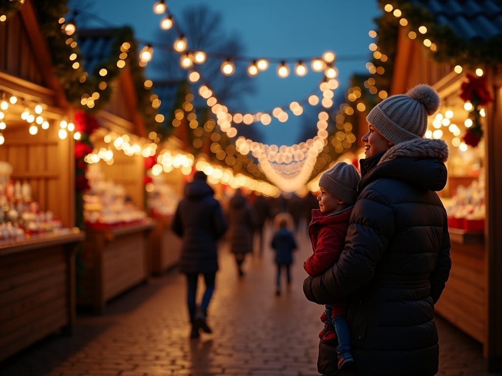 Polska rodzina odwiedzająca świąteczny jarmark w Londynie wieczorem, przy świetle dekoracji