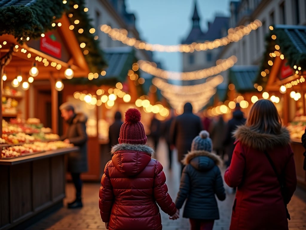 Polska rodzina odwiedza jarmark bożonarodzeniowy w Wielkiej Brytanii nocą