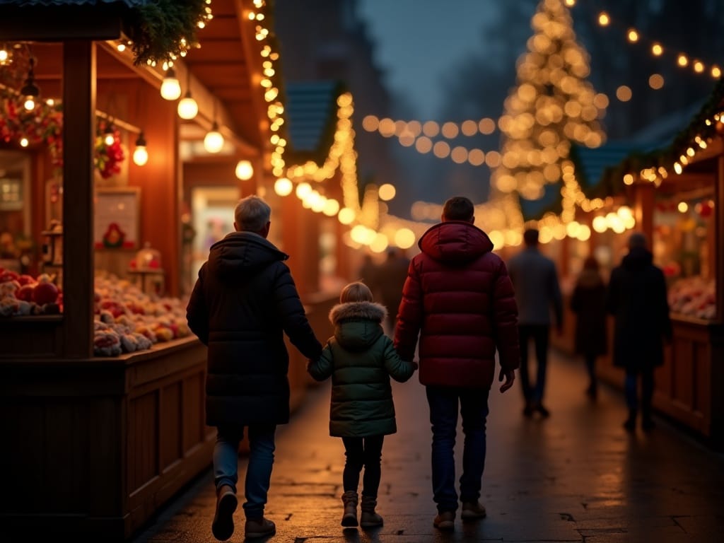 Polska rodzina odwiedza jarmark bożonarodzeniowy w Wielkiej Brytanii nocą