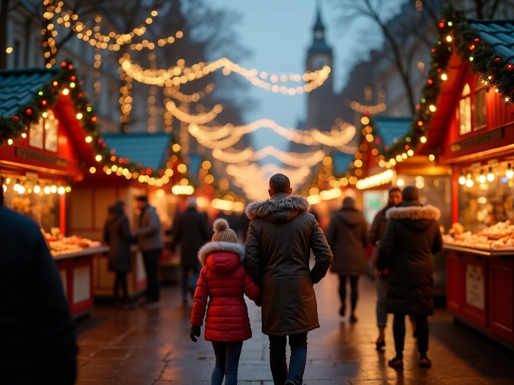 Rodzina zwiedzająca świąteczny jarmark w Londynie wieczorem, kolorowe światła