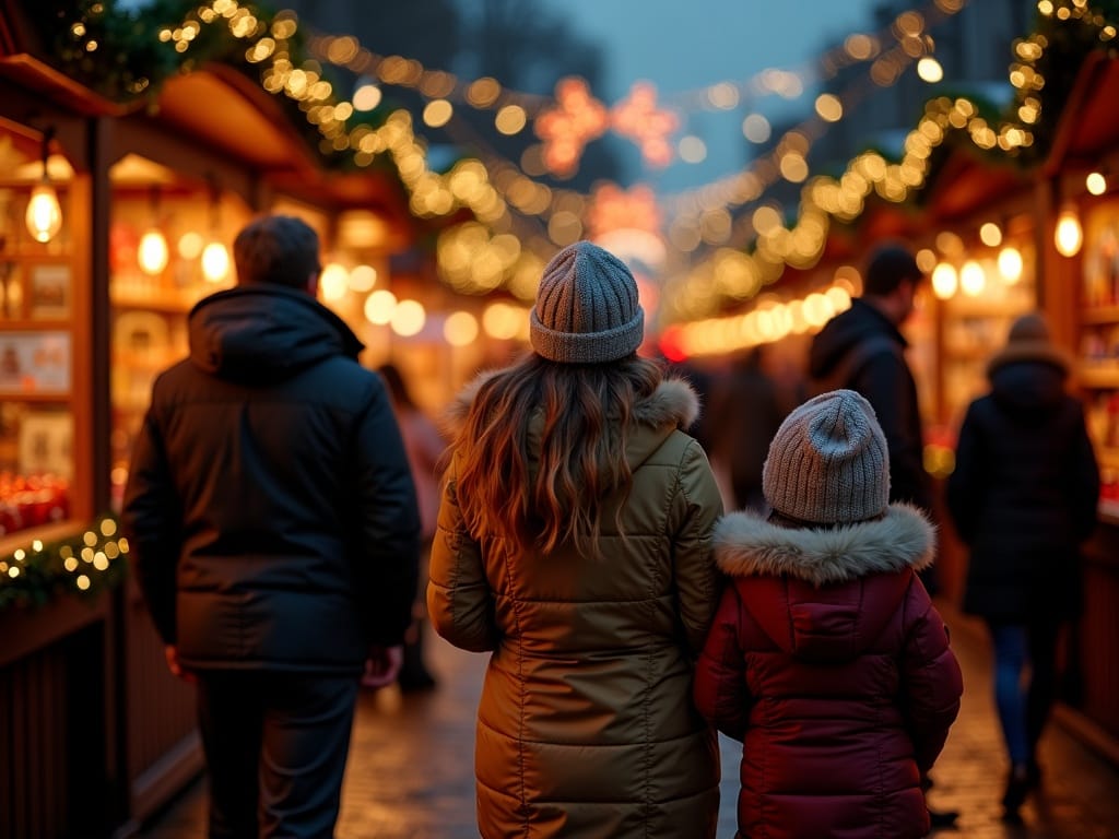 Rodzina zwiedzająca świąteczny jarmark w Londynie wieczorem, kolorowe światła
