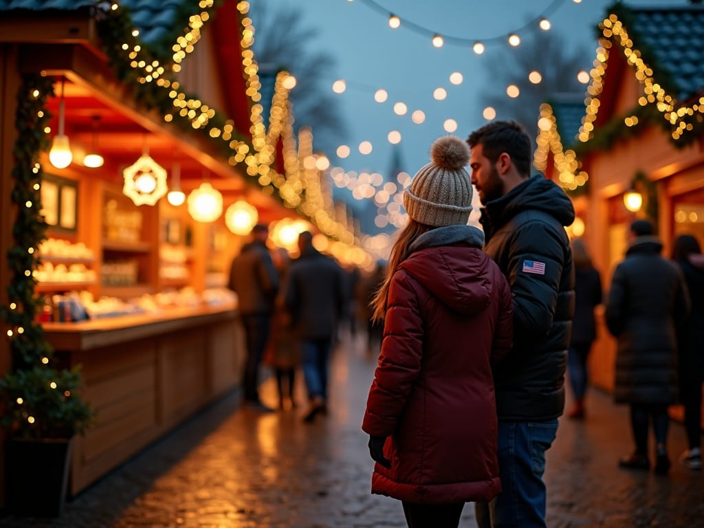 Polska rodzina zwiedzająca świąteczny jarmark w Londynie o zmierzchu, wśród kolorowych świateł
