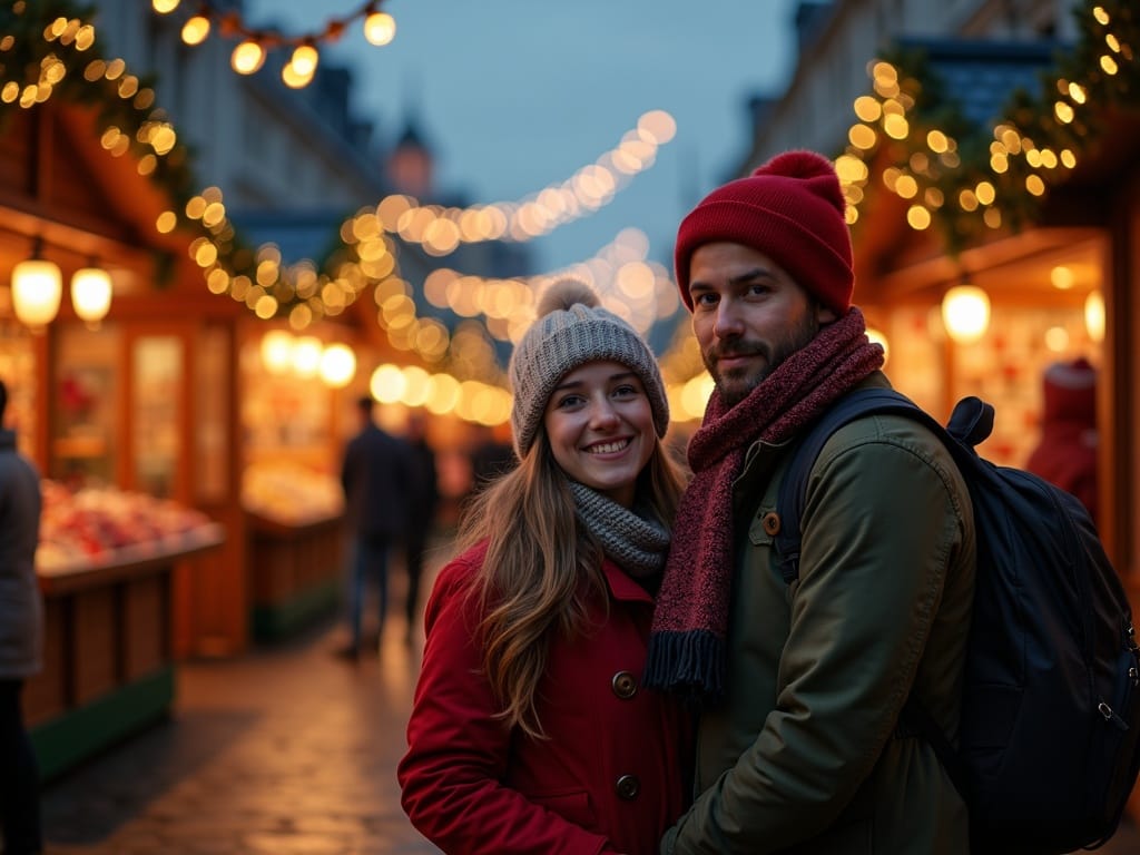 Polska rodzina na jarmarku bożonarodzeniowym w Wielkiej Brytanii, wieczorne światełka i dekoracje w tle