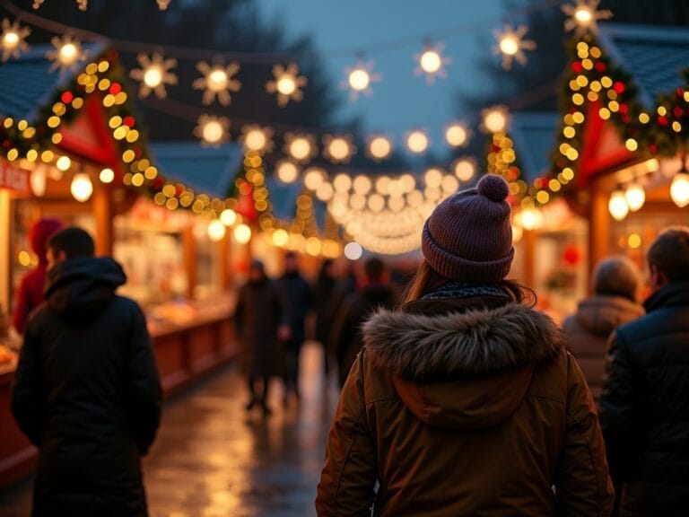 Polska rodzina na jarmarku bożonarodzeniowym w Wielkiej Brytanii, wieczorne światełka i dekoracje w tle