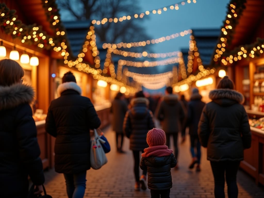 Polska rodzina na jarmarku bożonarodzeniowym w Wielkiej Brytanii, wieczorne światełka i dekoracje w tle