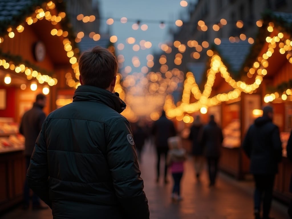 Rodzina spacerująca po londyńskim jarmarku świątecznym wieczorem wśród świateł i stoisk