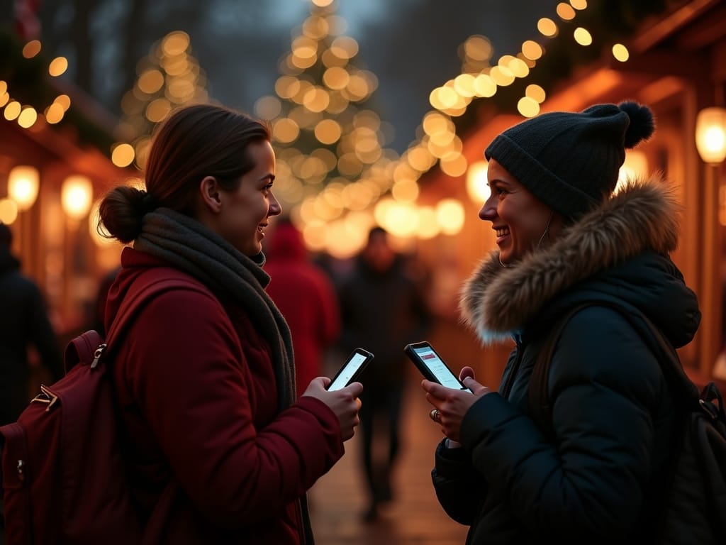 Rodzina spacerująca po londyńskim jarmarku świątecznym wieczorem wśród świateł i stoisk