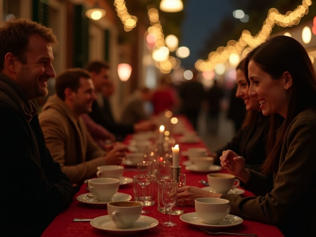 Polska rodzina zwiedza świąteczny jarmark w Wielkiej Brytanii wieczorem