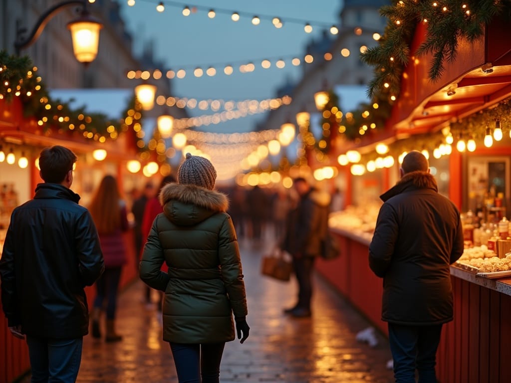 Polska rodzina odwiedza jarmark świąteczny w Londynie przy świetle dekoracji