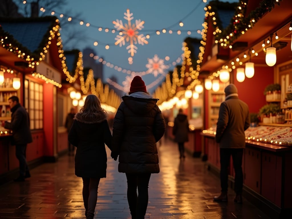 Rodzina z UE odwiedzająca wieczorny jarmark świąteczny w Wielkiej Brytanii pełen świateł