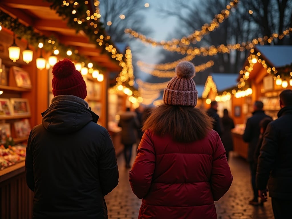 Rodzina z UE odwiedzająca wieczorny jarmark świąteczny w Wielkiej Brytanii pełen świateł