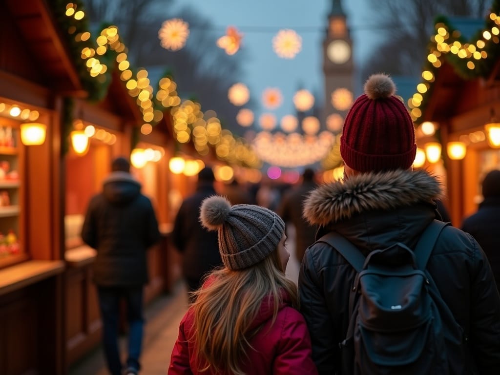 Polska rodzina odwiedza świąteczny jarmark w Londynie wieczorem przy ozdobionych światłami straganach