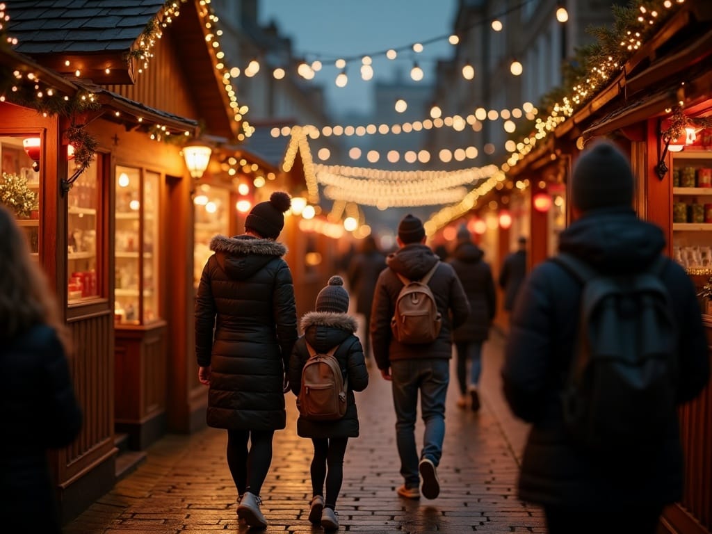 Polska rodzina odwiedza świąteczny jarmark w Londynie wieczorem przy ozdobionych światłami straganach