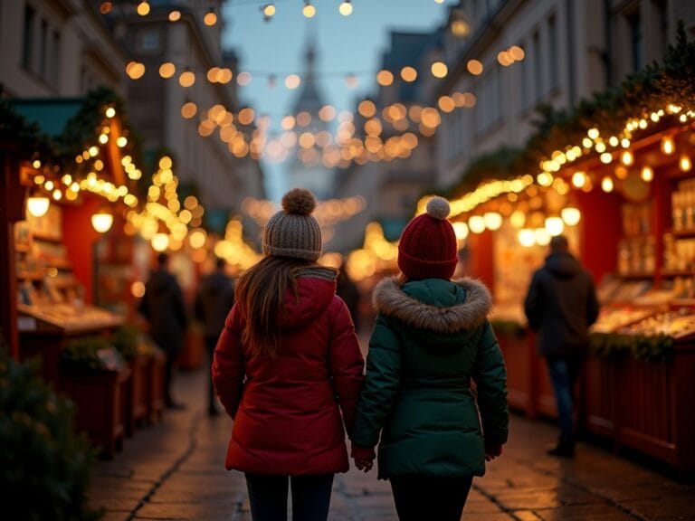 Polska rodzina odwiedza świąteczny jarmark w Londynie wieczorem przy ozdobionych światłami straganach