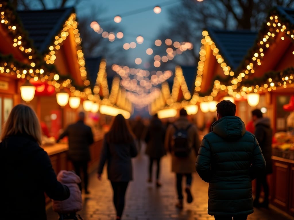 Rodzina spacerująca po świątecznym jarmarku w Londynie, wieczorem, wśród świateł i ozdób