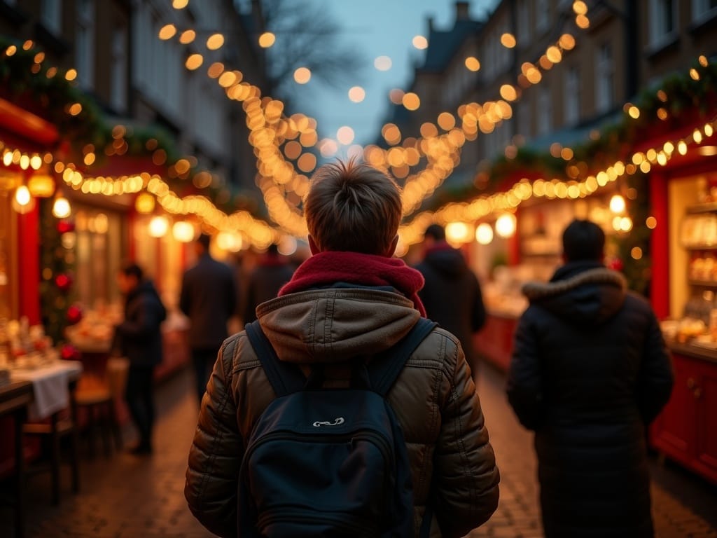Rodzina spacerująca po świątecznym jarmarku w Londynie, wieczorem, wśród świateł i ozdób