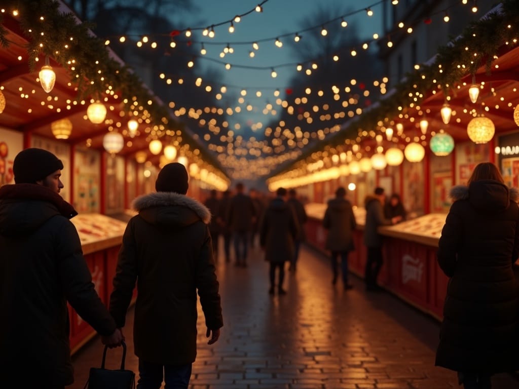 Polska rodzina odwiedza jarmark świąteczny w Wielkiej Brytanii wieczorem, wśród świateł i dekoracji
