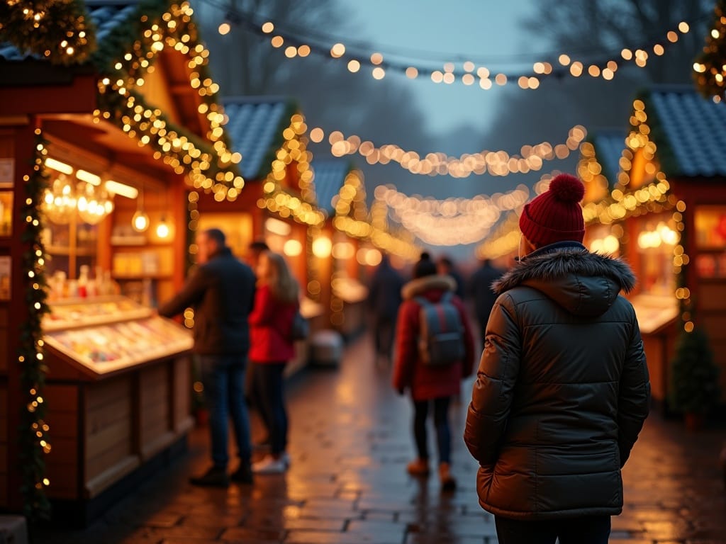Polska rodzina odwiedza jarmark świąteczny w Wielkiej Brytanii wieczorem, wśród świateł i dekoracji