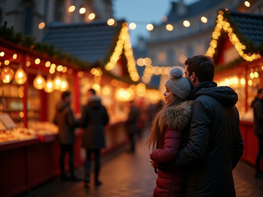 Rodzina zwiedzająca jarmark bożonarodzeniowy w Wielkiej Brytanii wieczorem, ozdoby świąteczne, światła