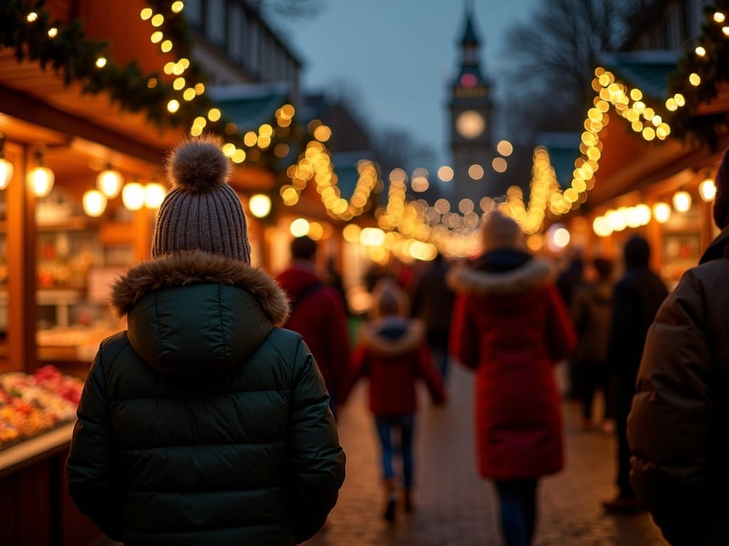 Rodzina zwiedzająca jarmark bożonarodzeniowy w Wielkiej Brytanii wieczorem, ozdoby świąteczne, światła