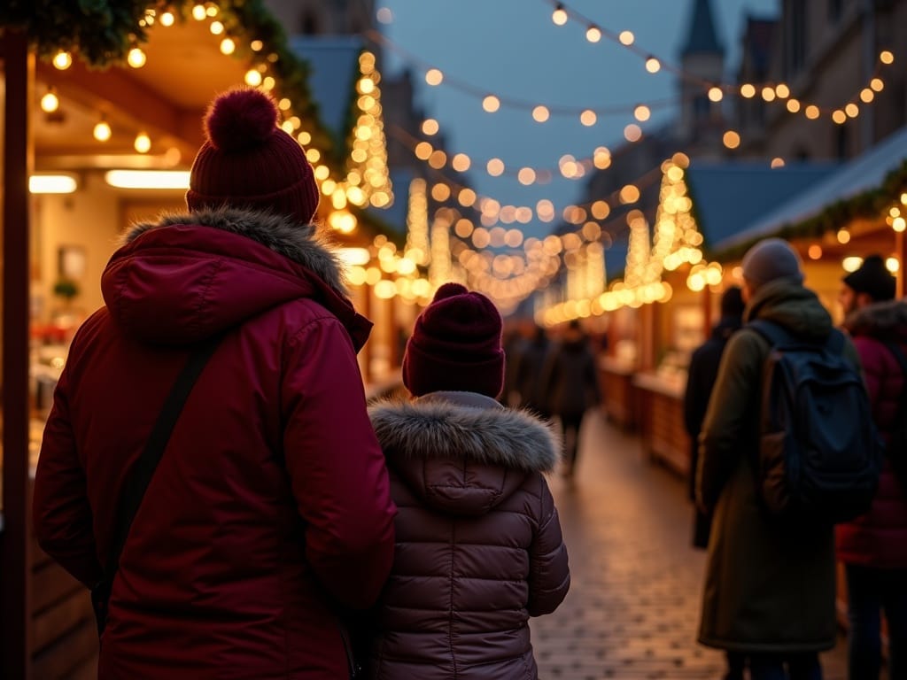 Polska rodzina odwiedza jarmark bożonarodzeniowy w Londynie wieczorem, otoczona świątecznymi światłami