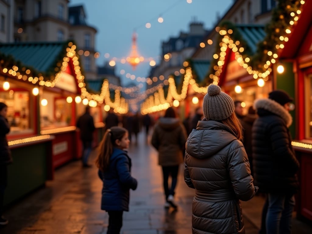Polska rodzina odwiedza jarmark bożonarodzeniowy w Londynie wieczorem, otoczona świątecznymi światłami