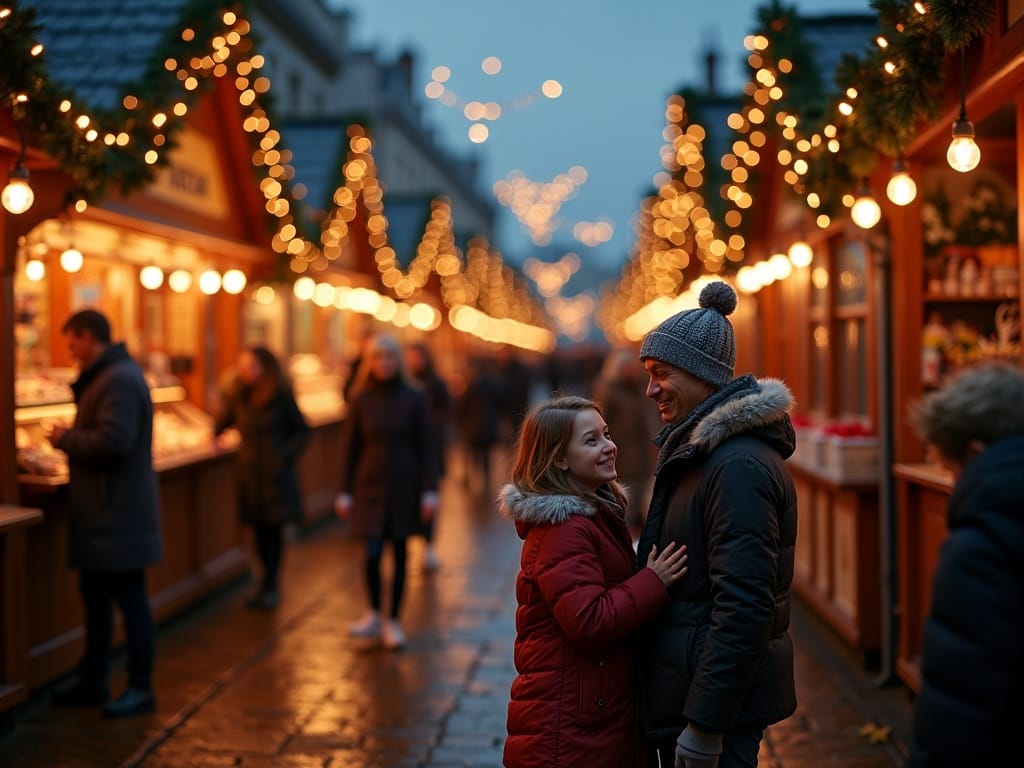 Polska rodzina odwiedza jarmark bożonarodzeniowy w Londynie wieczorem, otoczona świątecznymi światłami