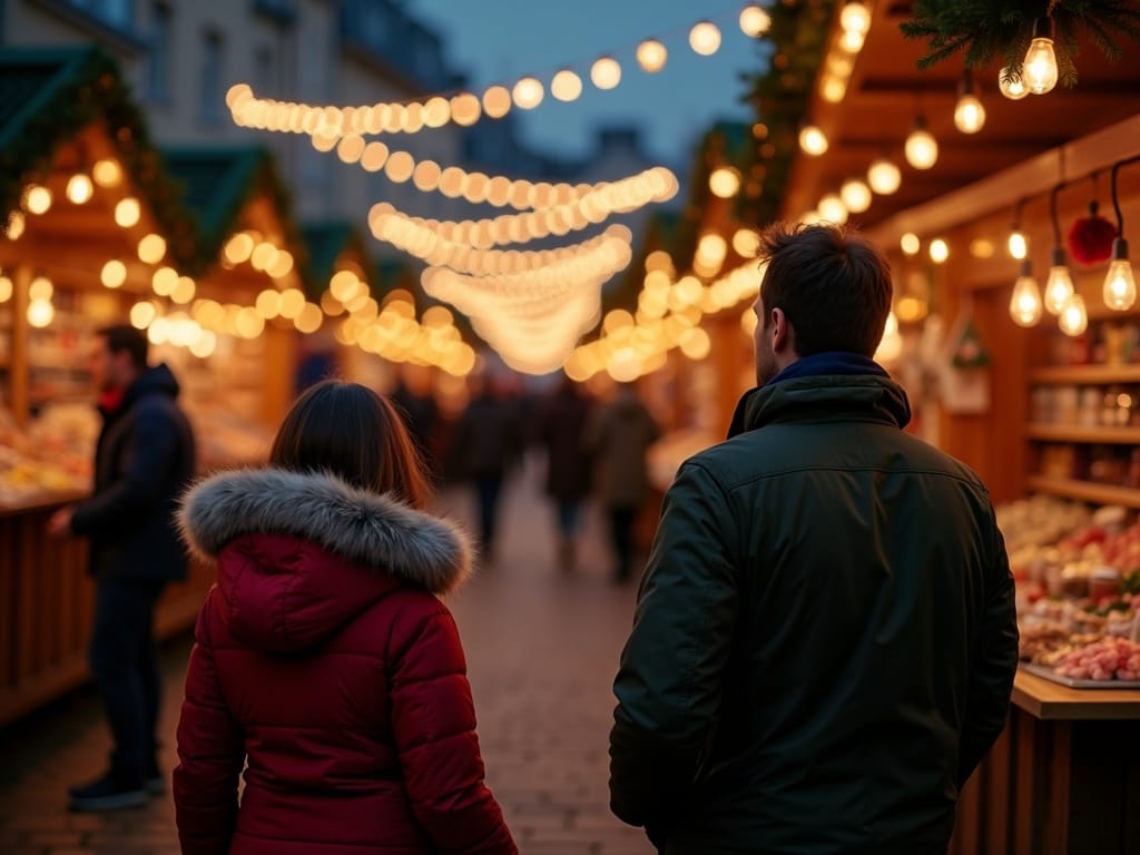 Polska rodzina odwiedza wieczorny jarmark bożonarodzeniowy w Wielkiej Brytanii w otoczeniu świątecznych świateł
