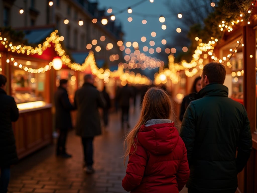Polska rodzina odwiedza londyński jarmark bożonarodzeniowy wieczorem, kolorowe światła i dekoracje