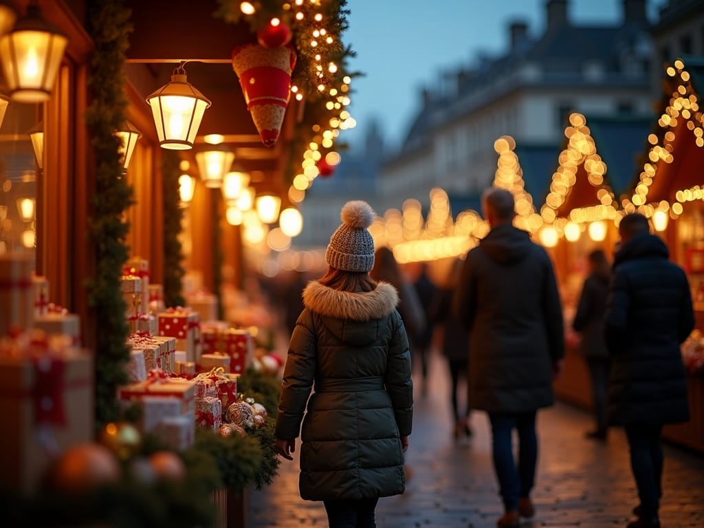 Rodzina odwiedzająca wieczorem świąteczny jarmark w Wielkiej Brytanii pod kolorowymi lampkami