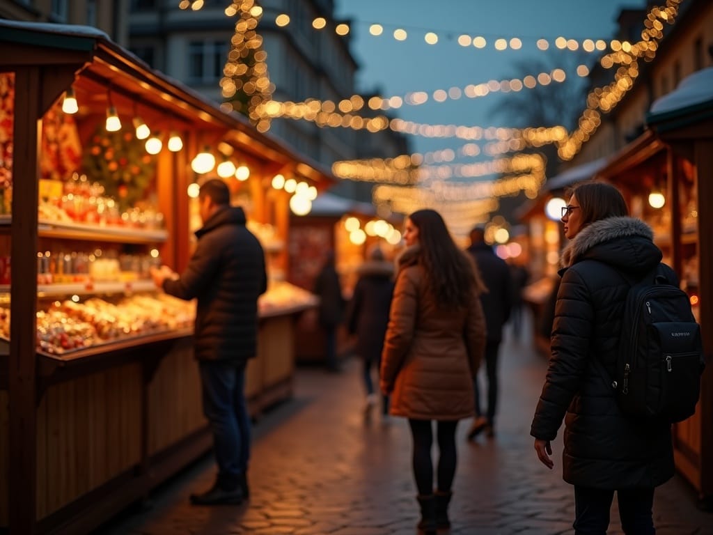 Rodzina zwiedza brytyjski jarmark bożonarodzeniowy wieczorem przy świetle ozdób