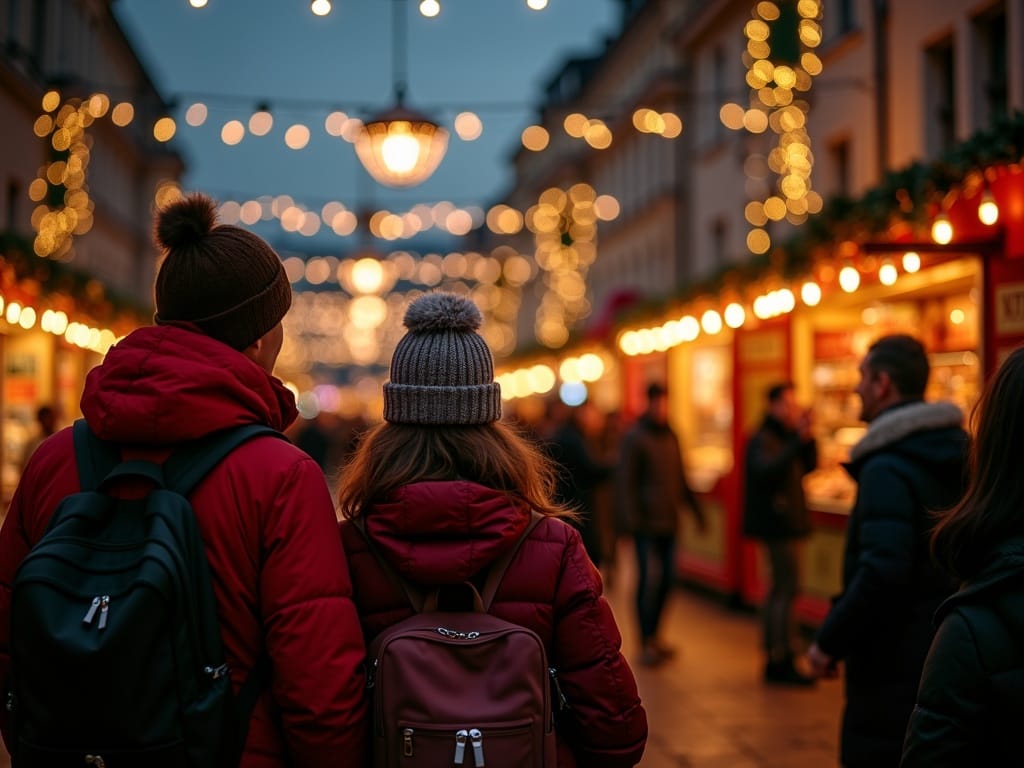 Rodzina zwiedza brytyjski jarmark bożonarodzeniowy wieczorem przy świetle ozdób