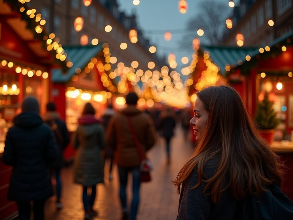 Polska rodzina odwiedza brytyjski jarmark bożonarodzeniowy wieczorem przy świątecznych iluminacjach